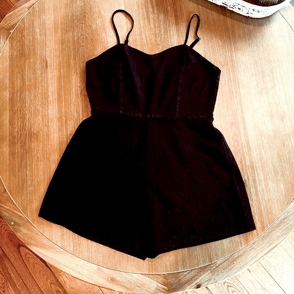 Black linen spaghetti strap romper